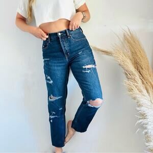 OLD NAVY Dark Blue Wash High Rise Slouchy Straight Leg Denim Distressed Jeans 8